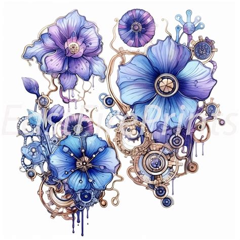 Steampunk Flowers Watercolor Clipart Png Steampunk Roses Etsy