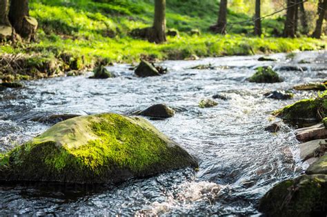 Close Up Of Water Flowing Through Rocks Stock Photo