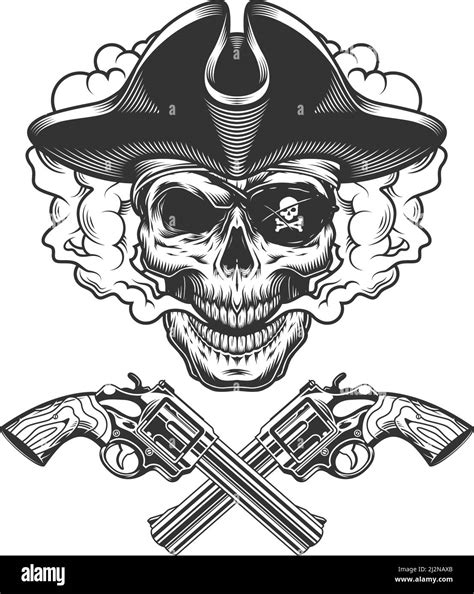 Vintage Pirate Skull With Eye Patch In Smoke Cloud With Crossed Pistols