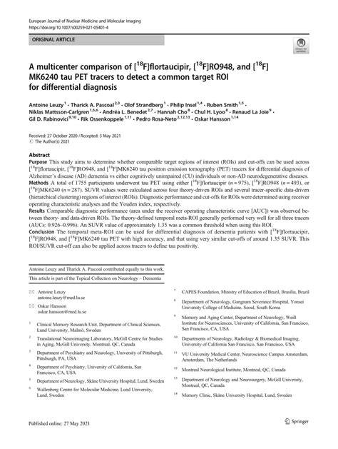 Pdf A Multicenter Comparison Of 18f Flortaucipir 18f Ro948 And