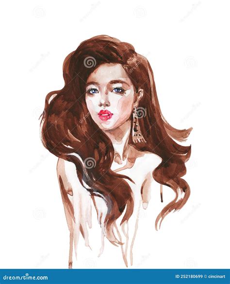 Watercolor Young Beautiful Asian Woman Hand Drawn Illustration Stock