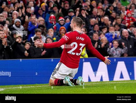 Manchester uniteds luke shaw celebrates scoring hi-res stock ...