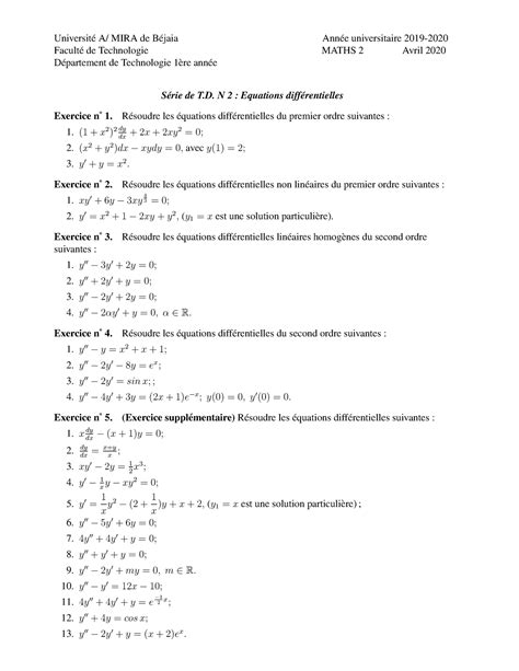 Serie TD 2 Maths 2 Cours mathématiques de département sciences