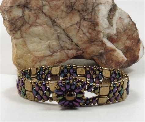 SUPERDUO CZECHMATE TILE Bracelet Purple Iris SuperDuos Bronze Tiles