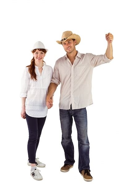 Sonriente Pareja Ambos Con Sombreros Foto Premium