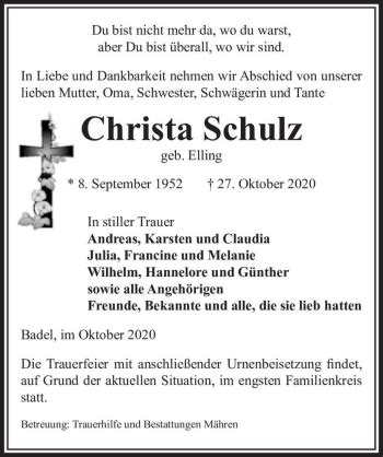 Traueranzeigen Von Christa Schulz Geb Elling Abschied Nehmen De