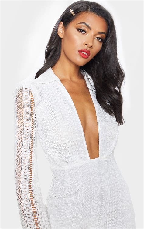 White Lace Plunge Neck Midi Dress Dresses Prettylittlething Usa