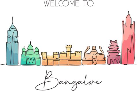 Single continuous line drawing Bangalore city skyline, India. Famous ...