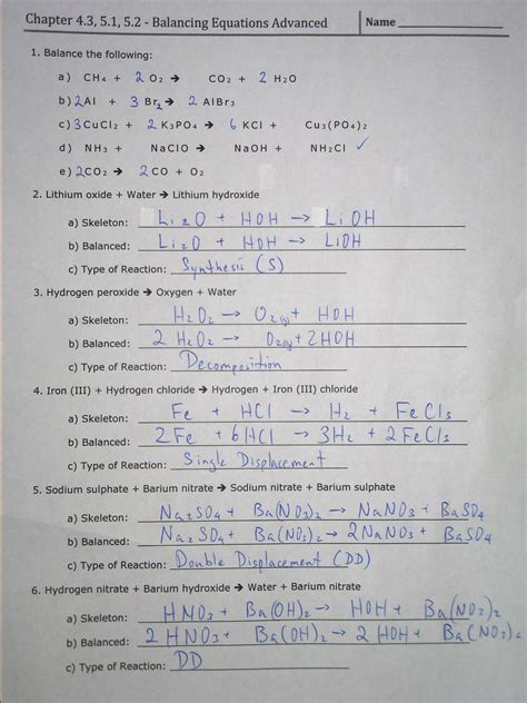 Types Of Chemical Reactions Worksheet Doc