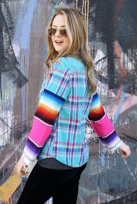 Aqua Pink Plaid Blouse Mexican Serape Long Sleeves Fringe Etsy