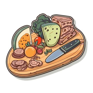 Wooden Board With Meat Clipart Vector, Sticker Design With Cartoon Charcuterie Board Isolated ...