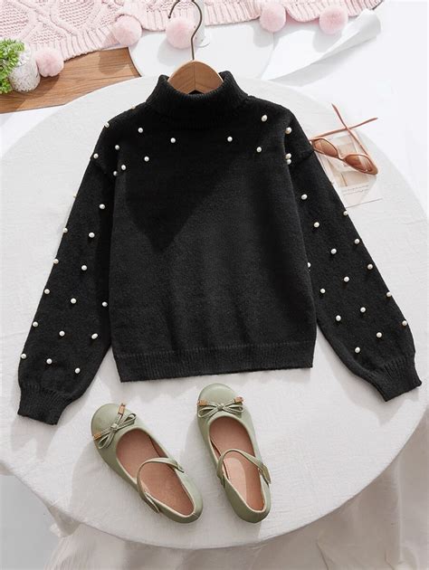 SHEIN Girls Pearls Beaded Turtle Neck Jumper SHEIN UK