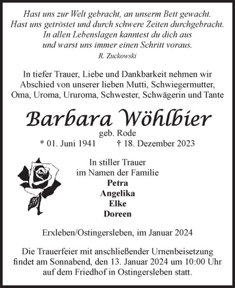 Traueranzeigen von Barbara Wöhlbier abschied nehmen de