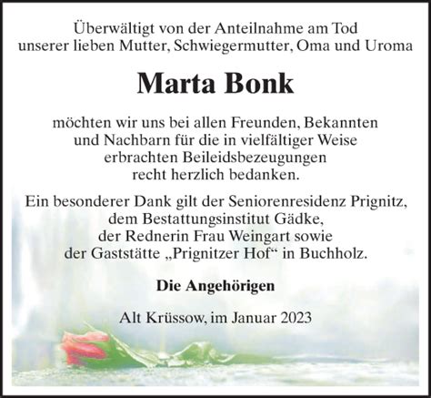 Traueranzeigen Von Marta Bonk Trauer Anzeigen De