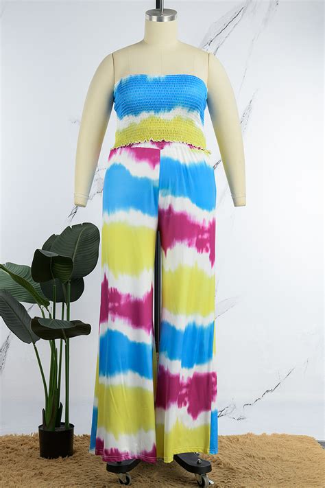 Wholesale Blue Casual Print Tie Dye Backless Strapless Plus Size Two Pieces K82772 2 Online