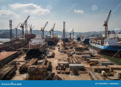 Shipyard, with Many Ships in Various Stages of Construction and Repair ...