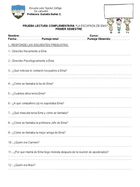 Prueba Lectura Complementaria La Escapada De Ema Pdf Ocio