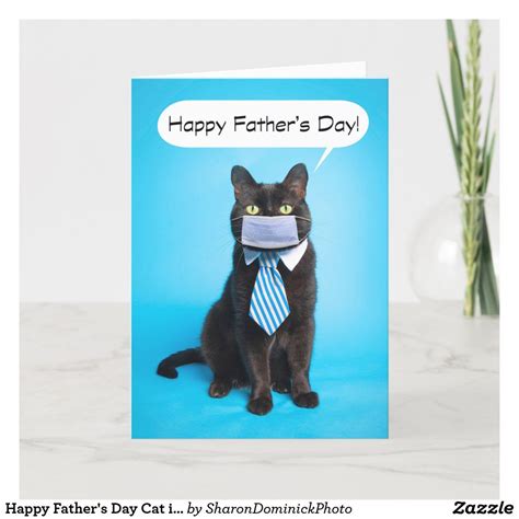 Happy Fathers Day Cat In Face Mask And Tie Humor Holiday Card Fathers