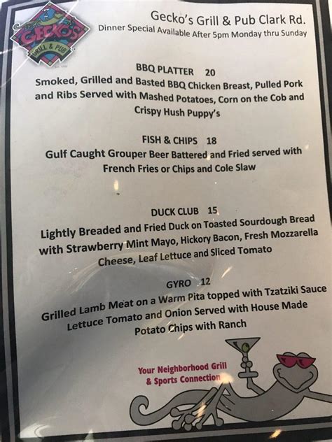 Menu At Geckos Grill And Pub Sarasota Palmer Crossing Cir