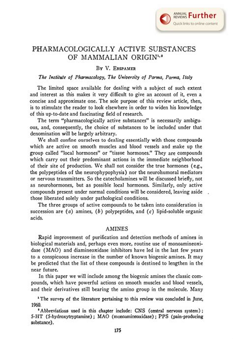 Pharmacologically Active Substances Of Mammalian Origin Annual Reviews