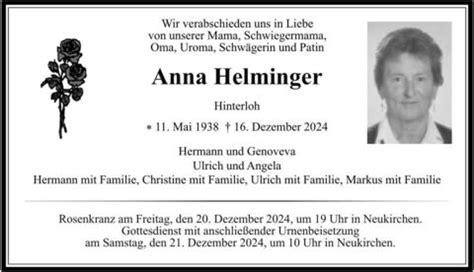 Trauer Helminger Anna TA Anzeigen Traunsteiner Tagblatt