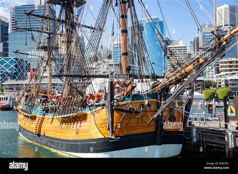 Replica of James Cook ship HMS Bark Endeavour at the Australian ...