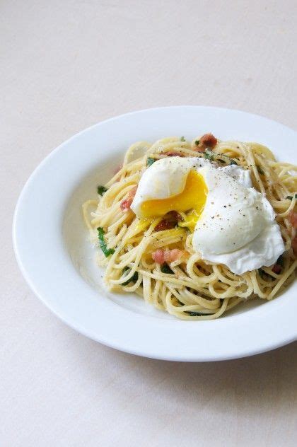 Spaghetti Carbonara With Ramps Poached Eggs Recipe Nicoledula