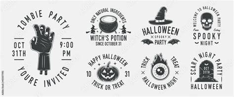 Vintage Halloween logo set. Set of 7 halloween logo templates. Halloween Party emblems. Scary ...