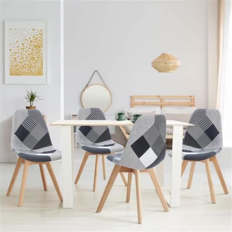 Lot De 4 Chaises Scandinaves SARA Motifs Patchworks Noirs Gris Et