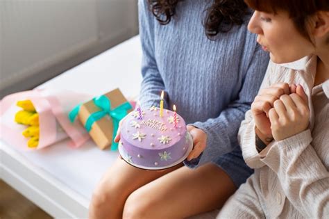 Free Photo High Angle Lesbian Couple Celebrating Birthday