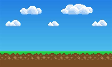 Premium Vector | Pixel art game background, grass, sky and clouds