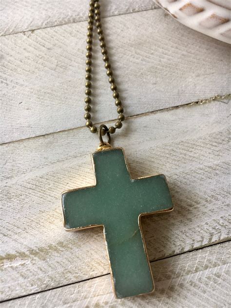 Cross Necklace Religious Necklace Green Stone Necklace Etsy