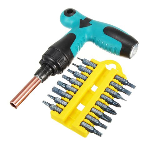 Penggong 0633 17pcs T Grip Ratchet Screwdriver Set Star Head Flat Head Nut Drivers Hex Socket