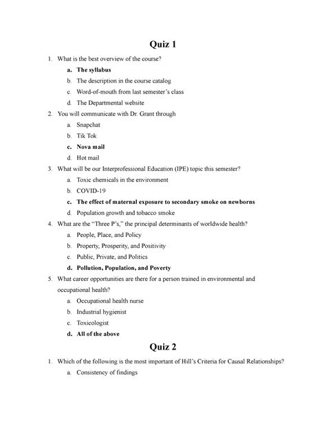 Environmental And Occupational Health Quizzes Quiz 1 What Is The Best