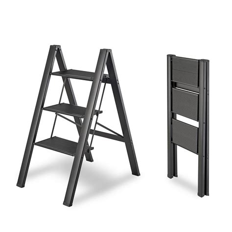 3 Step Ladder Black Aluminum Ladder 330lbs Load Capacity Folding Step