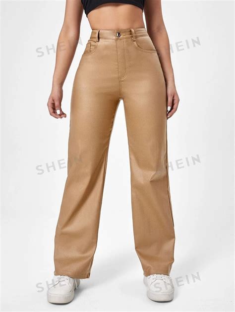 SHEIN High Waist Straight Leg Leather Look Jeans SHEIN UK