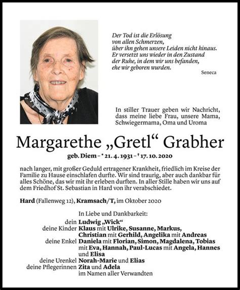 Todesanzeigen Von Margarethe Grabher Todesanzeigen Vorarlberger