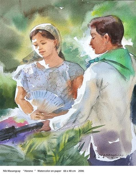 A Watercolor Painting Of A Man Holding A Womans Hand While She Holds A Fan