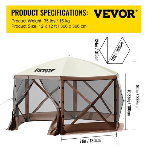 VEVOR 12x12ft Camping Gazebo Screen Tent 6 Sided Pop Up Canopy Shelter