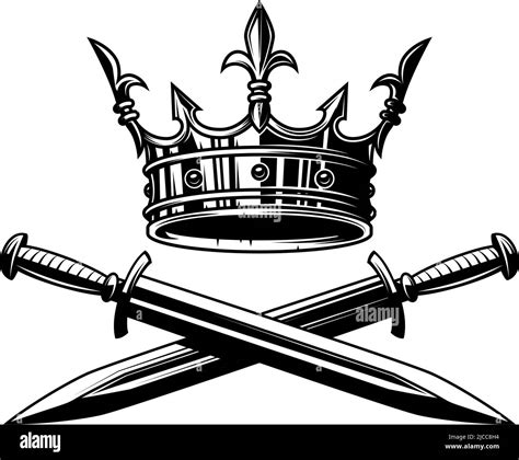 Ilustración de corona del rey y espadas cruzadas en estilo monocromo