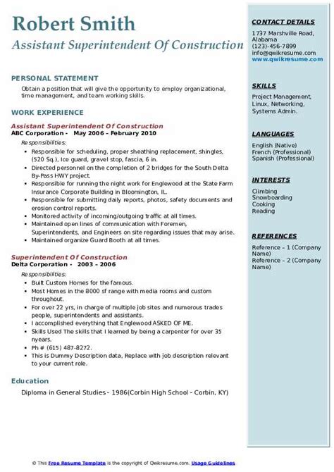 Resume Templates For Construction Superintendent