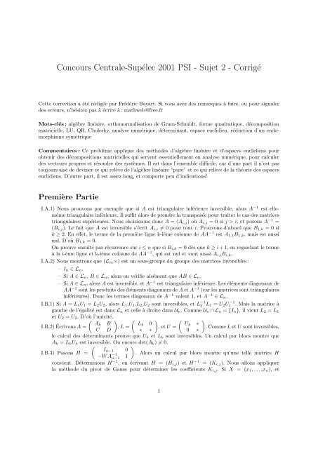 Concours Centrale Sup Lec Psi Sujet Corrig Bibmath