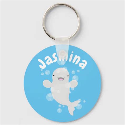 Cute beluga whale bubbles cartoon illustration keychain | Zazzle