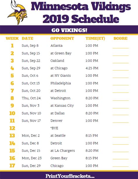 Vikings Printable Schedule