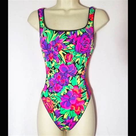 Catalina Swim Catalina Neon Swimsuit Vintage S Sexy Floral Mesh