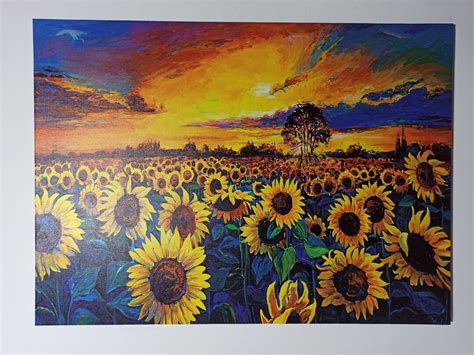 Sunflower Field Painting Print, Sunset Nature Landscape, Sunflower Wall ...