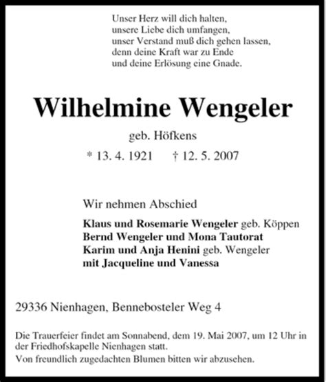 Traueranzeigen Von Wilhelmine Wengeler Trauer In Nrw De