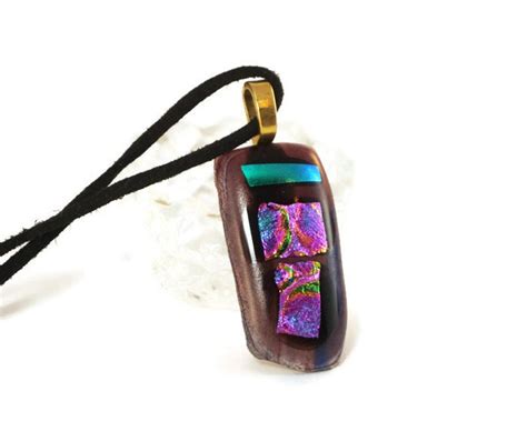 Purple And Pink Dichroic Fused Glass Pendant Necklace Fashion Jewelry