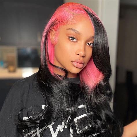 Pink Highlight On Black Hair Lace Front Wig Human Hair Wigs Pink