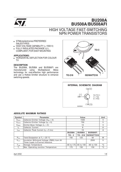 Bu508a St Microelectronics Transistors Hoja De Datos Ficha Técnica